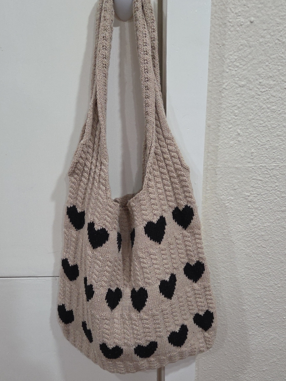 Beige Knit Tote Bag with Black Heart Pattern